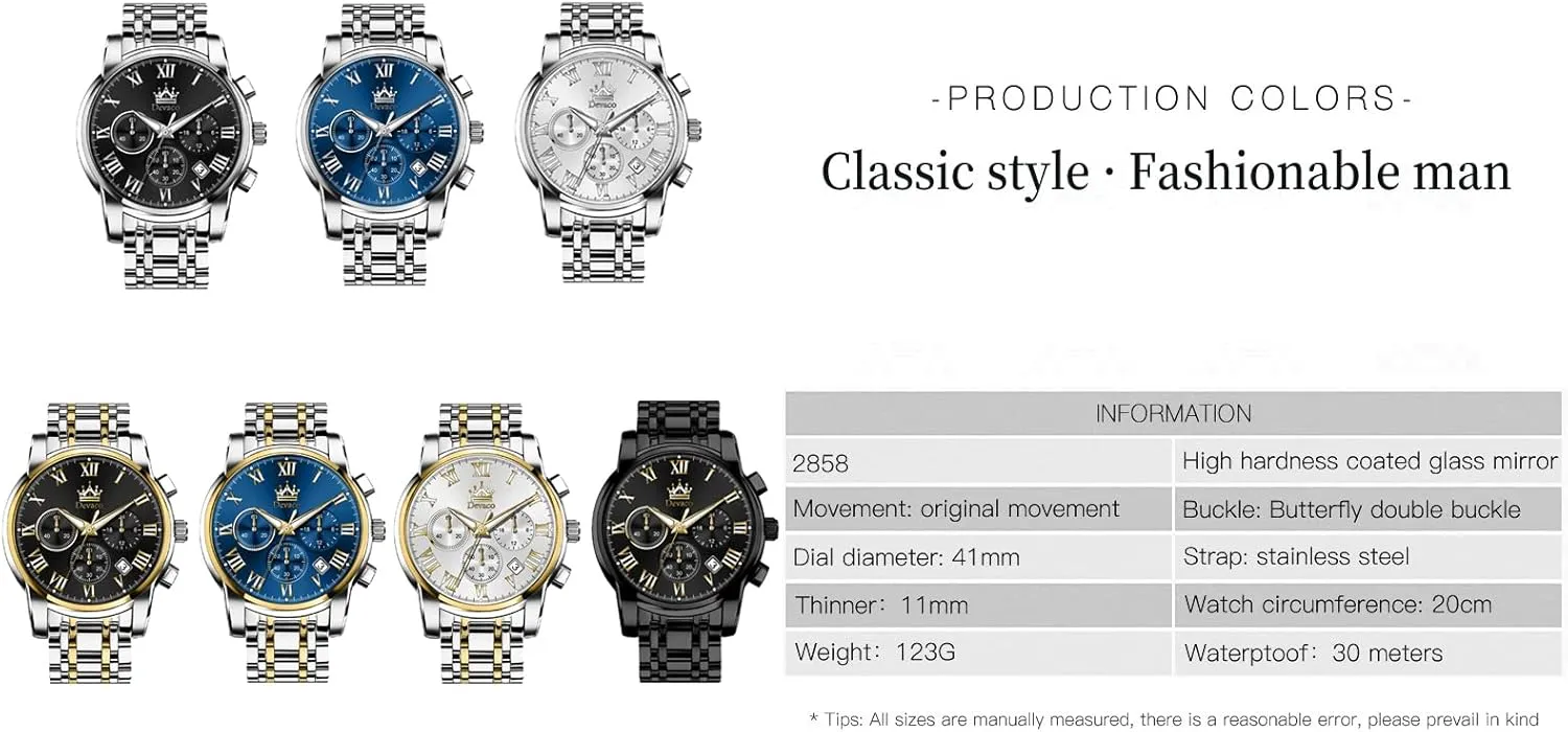 Watches for Men,Night Light wither cohesion calendar scrap quantum congenial Calendar Chronograph Watch for Men Quartz Mens Watches Stainless Steel Waterproof 