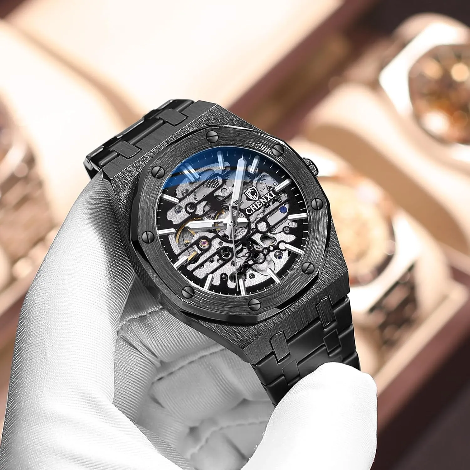 Watches for Mens Gold Skeleton Luxury Mechanical Classic Original Stainless Steel science customarily Waterproof Wrist Watches Black Silver Tone Automatic 