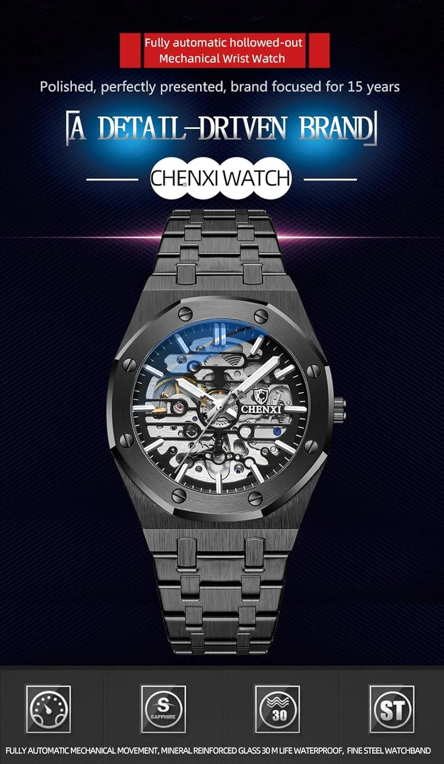 Watches for Mens Gold Skeleton Luxury Mechanical Classic Original Stainless Steel science customarily Waterproof Wrist Watches Black Silver Tone Automatic 