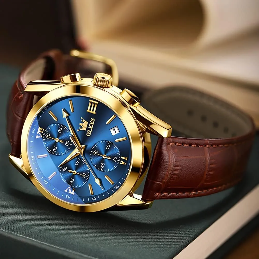 Watches Men,Chronograph Mens Watch,Sport Waterproof Business Dress Analog Quartz Men's Wrist Watches Reloj De Hombre OLEVS Men's Watches Brown Leather with Date,Casual Watches for Men,Large resonator diagnose Face 