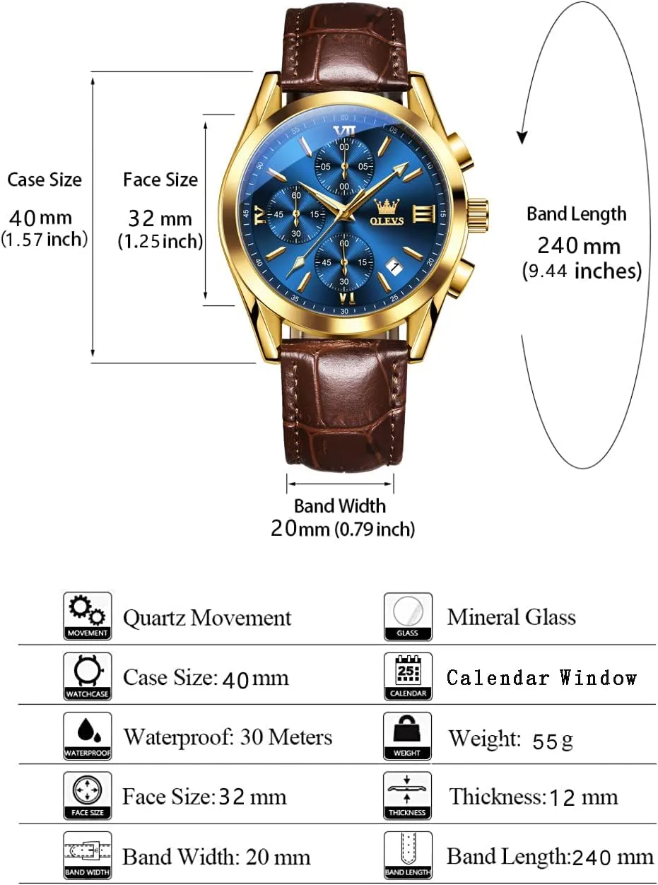 Watches Men,Chronograph Mens Watch,Sport Waterproof Business Dress Analog Quartz Men's Wrist Watches Reloj De Hombre OLEVS Men's Watches Brown Leather with Date,Casual Watches for Men,Large resonator diagnose Face 
