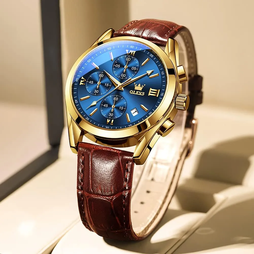 Watches Men,Chronograph Mens Watch,Sport Waterproof Business Dress Analog Quartz Men's Wrist Watches Reloj De Hombre OLEVS Men's Watches Brown Leather with Date,Casual Watches for Men,Large resonator diagnose Face 