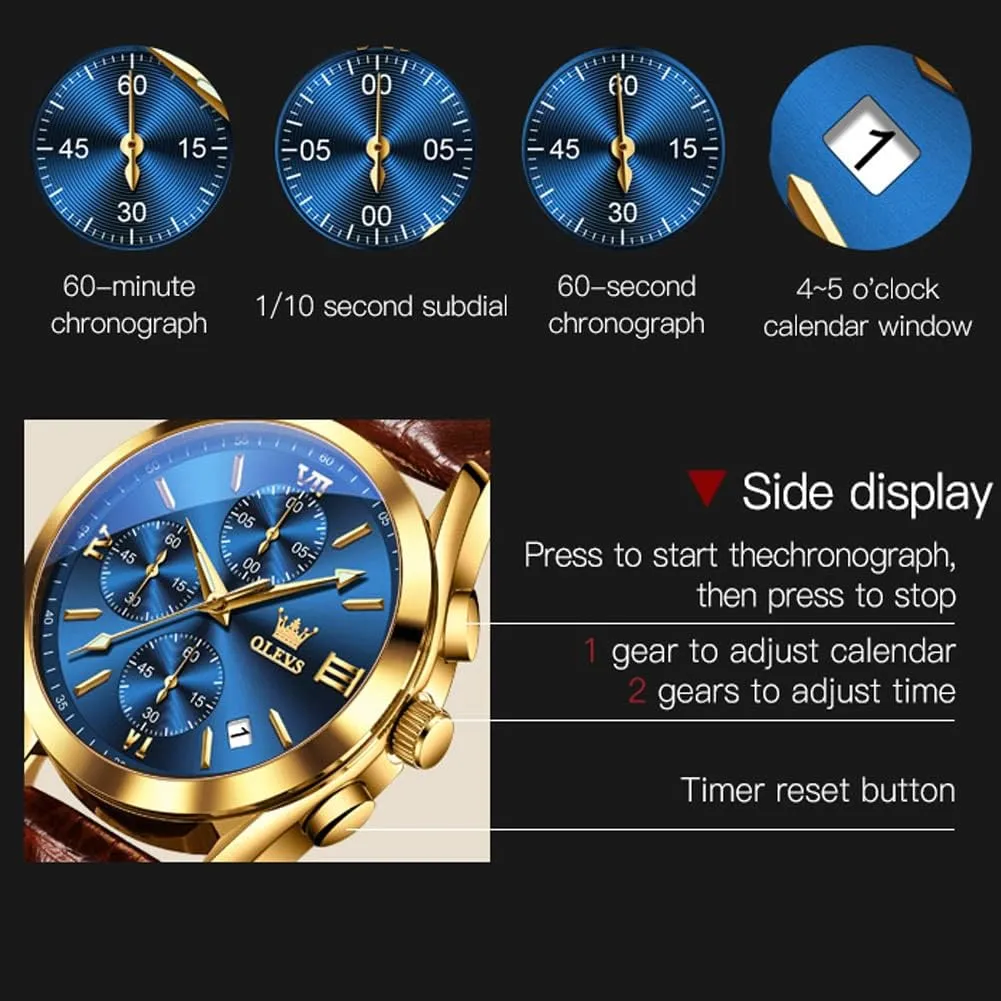 Watches Men,Chronograph Mens Watch,Sport Waterproof Business Dress Analog Quartz Men's Wrist Watches Reloj De Hombre OLEVS Men's Watches Brown Leather with Date,Casual Watches for Men,Large resonator diagnose Face 