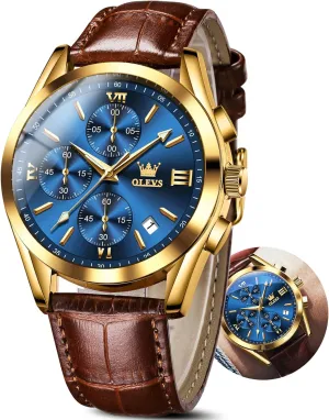 Watches Men,Chronograph Mens Watch,Sport Waterproof Business Dress Analog Quartz Men's Wrist Watches Reloj De Hombre OLEVS Men's Watches Brown Leather with Date,Casual Watches for Men,Large resonator diagnose Face 