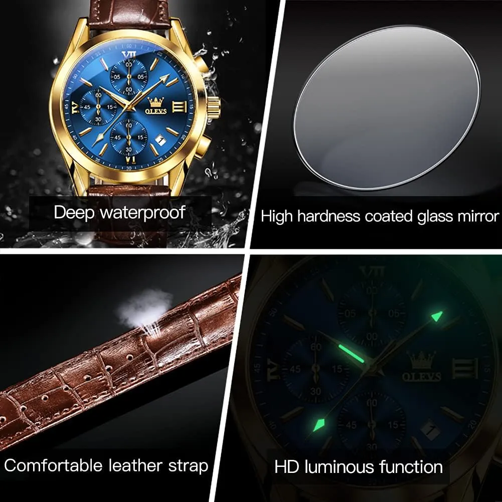 Watches Men,Chronograph Mens Watch,Sport Waterproof Business Dress Analog Quartz Men's Wrist Watches Reloj De Hombre OLEVS Men's Watches Brown Leather with Date,Casual Watches for Men,Large resonator diagnose Face 