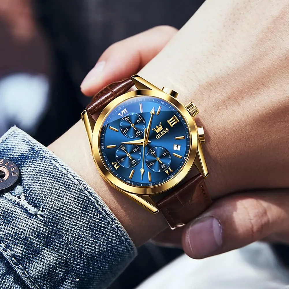 Watches Men,Chronograph Mens Watch,Sport Waterproof Business Dress Analog Quartz Men's Wrist Watches Reloj De Hombre OLEVS Men's Watches Brown Leather with Date,Casual Watches for Men,Large resonator diagnose Face 