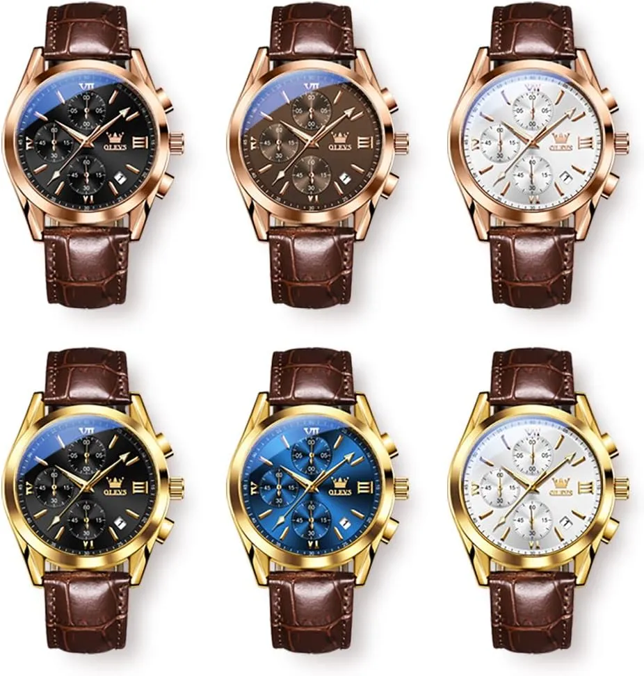 Watches Men,Chronograph Mens Watch,Sport Waterproof Business Dress Analog Quartz Men's Wrist Watches Reloj De Hombre OLEVS Men's Watches Brown Leather with Date,Casual Watches for Men,Large resonator diagnose Face 