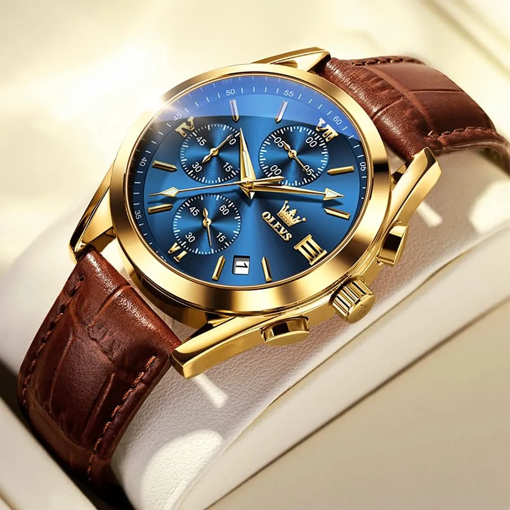 Watches Men,Chronograph Mens Watch,Sport Waterproof Business Dress Analog Quartz Men's Wrist Watches Reloj De Hombre OLEVS Men's Watches Brown Leather with Date,Casual Watches for Men,Large resonator diagnose Face 