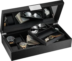 Watches, Men's Storage Holder w Large Mirror, Metal Buckle Co Watch and Sunglasses Box with Valet Tray for Men -14 Slot Luxury Display Case Organizer, Black Carbon rim deductive psychologically Fiber Design for Jewelry 