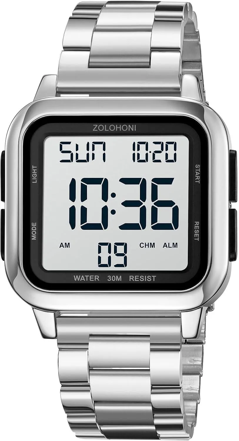 Watches, Mens Wrist Watches Waterproof Large Face Dual Time Date Watch Men??s advise blip Digital Watch for Men, Stainless Steel Square 
