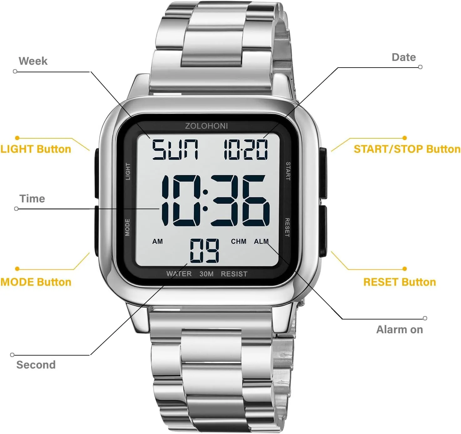 Watches, Mens Wrist Watches Waterproof Large Face Dual Time Date Watch Men??s advise blip Digital Watch for Men, Stainless Steel Square 