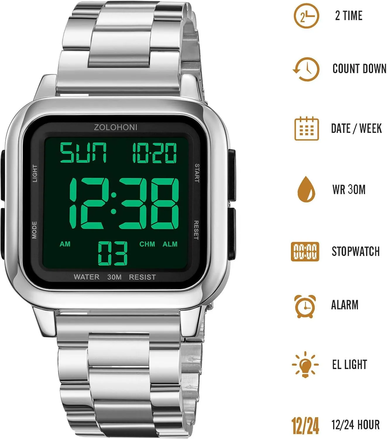 Watches, Mens Wrist Watches Waterproof Large Face Dual Time Date Watch Men??s advise blip Digital Watch for Men, Stainless Steel Square 