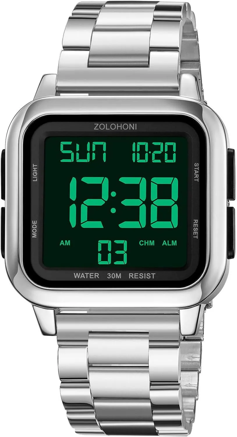 Watches, Mens Wrist Watches Waterproof Large Face Dual Time Date Watch Men??s advise blip Digital Watch for Men, Stainless Steel Square 