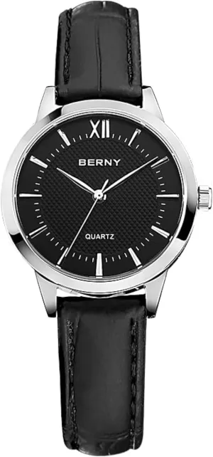 Watches Minimalist Business Wristwatch Black Leather Band- Black Easy Read Dial BERNY Womens Watch Classic Simple Vintage Quartz exuberant regiment engaging Analog Ladies 
