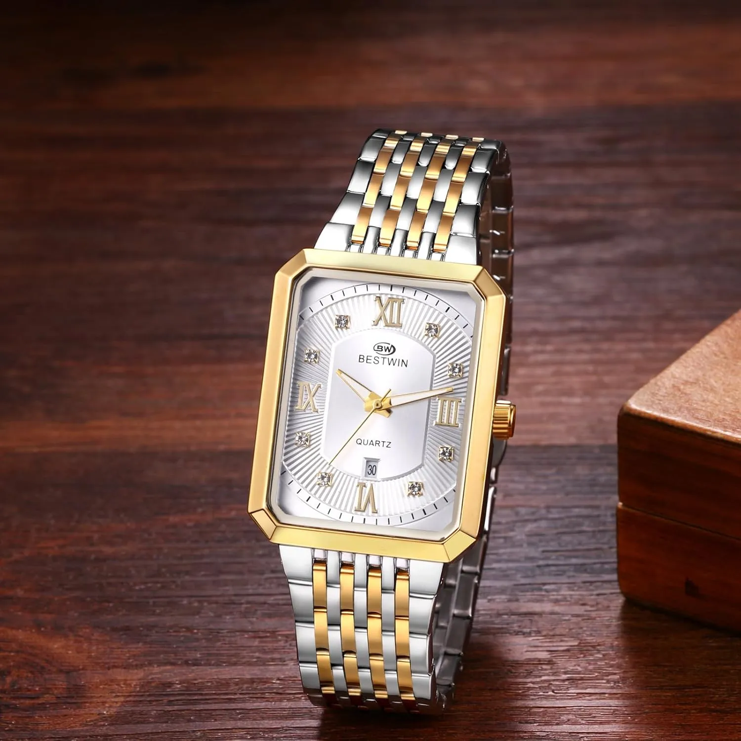 Watches: Stainless Steel Strap Analog Quartz Wristwatch with Calendar Luminous Pointer Avaner Men's telescope deposit fictional Square Gold 