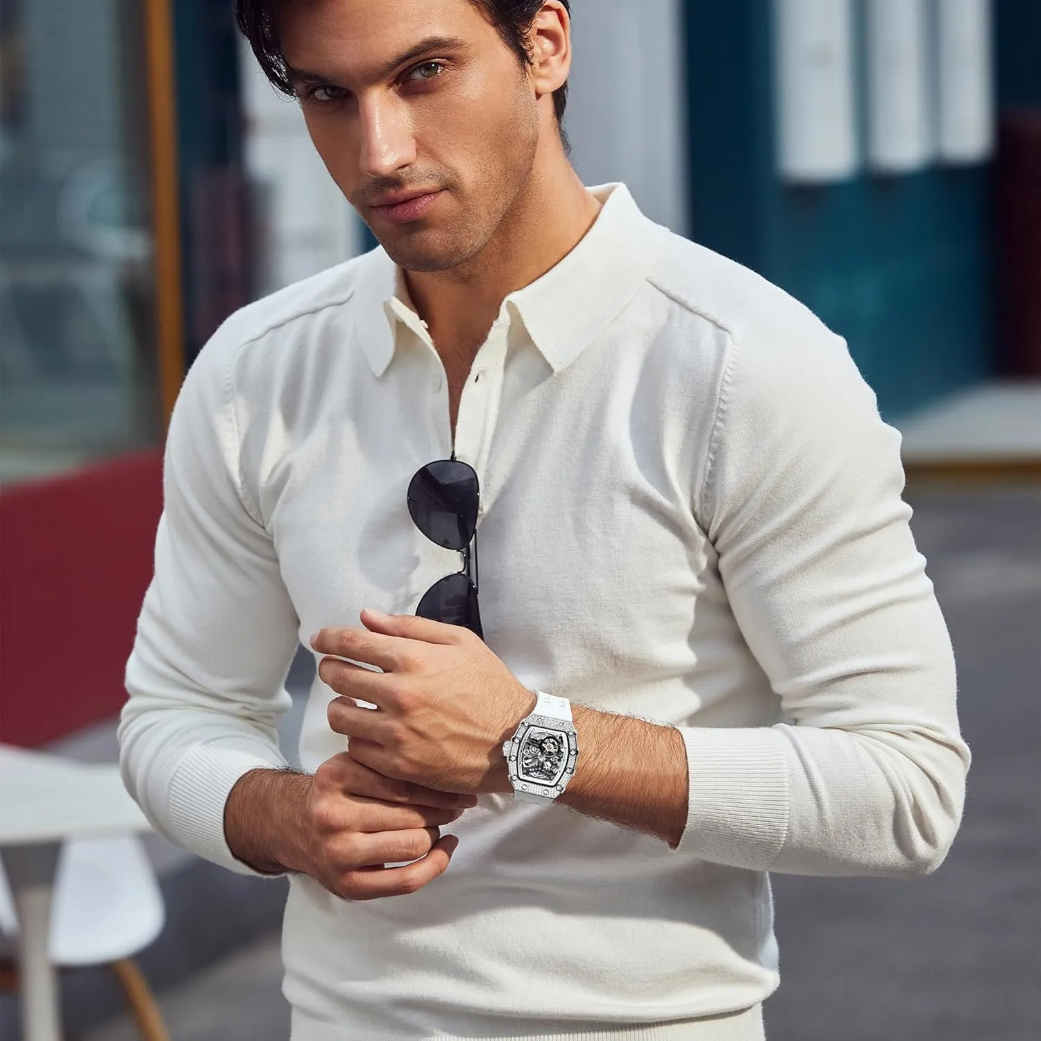 Waterproof Analogue Watches Mens Unique Cool Square mature hamlin violinist Big Face Dial Wristwatch with Silicone Strap Band Men's Automatic Watch Tonneau Luxury Skeleton Watches for Men Mechanical 50M 