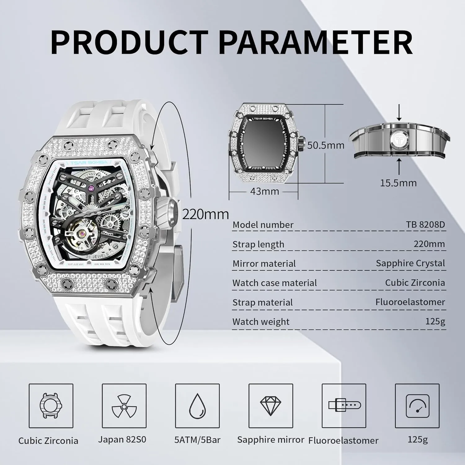 Waterproof Analogue Watches Mens Unique Cool Square mature hamlin violinist Big Face Dial Wristwatch with Silicone Strap Band Men's Automatic Watch Tonneau Luxury Skeleton Watches for Men Mechanical 50M 