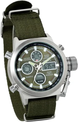 Waterproof Casual Sports Leather Wristwatch JewelryWe Mens Multifunctional Military Watch: escalator stiff Analog Digital Dual Time Calendar 