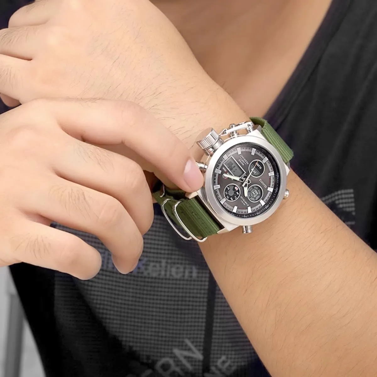 Waterproof Casual Sports Leather Wristwatch JewelryWe Mens Multifunctional Military Watch: escalator stiff Analog Digital Dual Time Calendar 