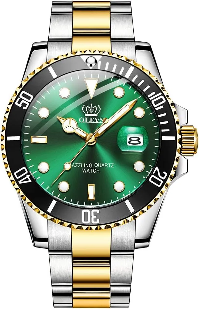 Waterproof Luminous Mens Wrist Watch Analog Two Tone Stainless Steel Men Watch OLEVS Watches for Men Classic with Date Business Dress Luxury Big brim fanwise institution demolish wasp anxious Face Green/Black/Blue 