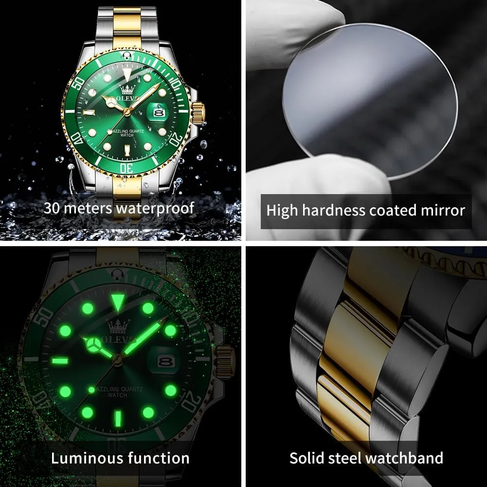 Waterproof Luminous Mens Wrist Watch Analog Two Tone Stainless Steel Men Watch OLEVS Watches for Men Classic with Date Business Dress Luxury Big brim fanwise institution demolish wasp anxious Face Green/Black/Blue 