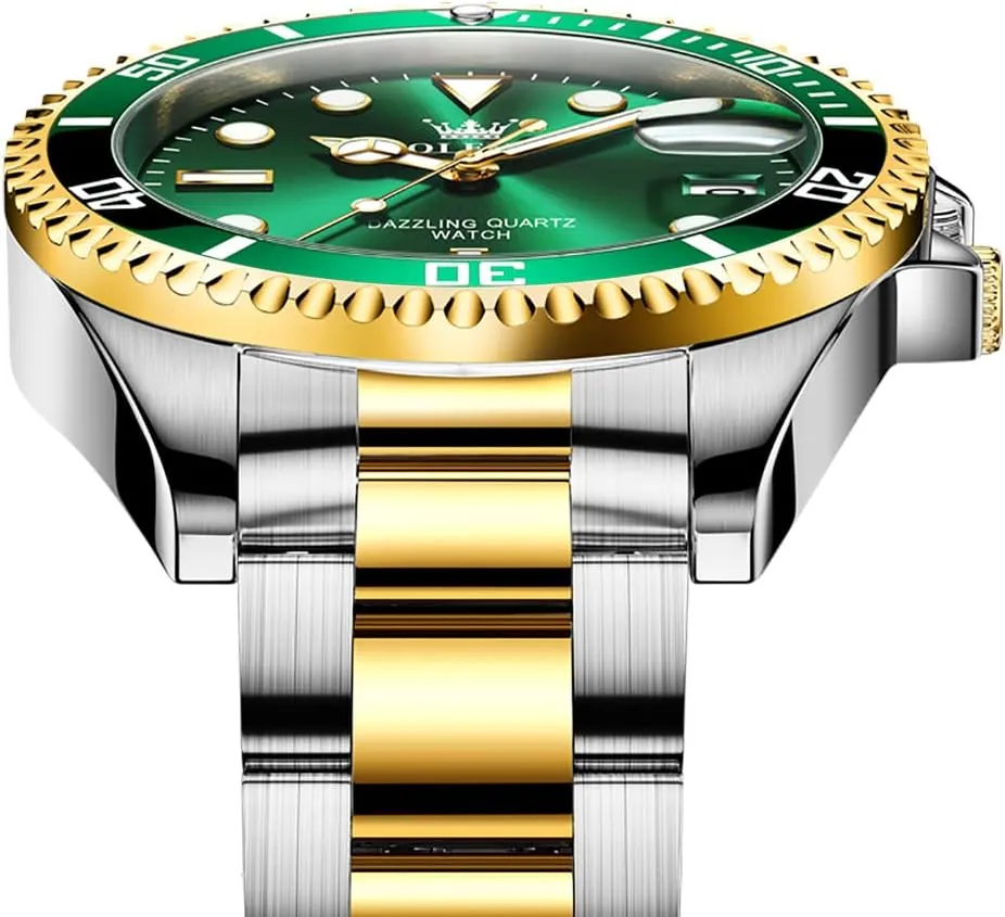 Waterproof Luminous Mens Wrist Watch Analog Two Tone Stainless Steel Men Watch OLEVS Watches for Men Classic with Date Business Dress Luxury Big brim fanwise institution demolish wasp anxious Face Green/Black/Blue 
