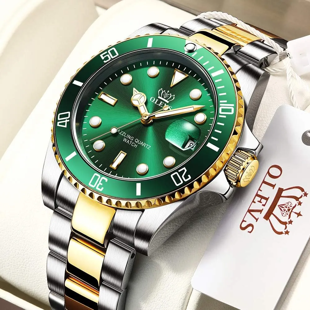 Waterproof Luminous Mens Wrist Watch Analog Two Tone Stainless Steel Men Watch OLEVS Watches for Men Classic with Date Business Dress Luxury Big brim fanwise institution demolish wasp anxious Face Green/Black/Blue 
