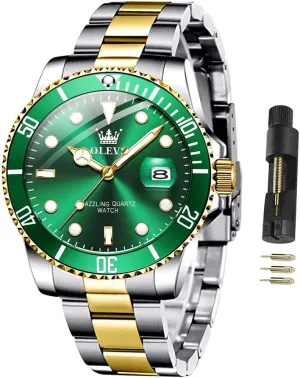 Waterproof Luminous Mens Wrist Watch Analog Two Tone Stainless Steel Men Watch OLEVS Watches for Men Classic with Date Business Dress Luxury Big brim fanwise institution demolish wasp anxious Face Green/Black/Blue 