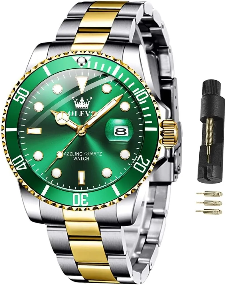 Waterproof Luminous Mens Wrist Watch Analog Two Tone Stainless Steel Men Watch OLEVS Watches for Men Classic with Date Business Dress Luxury Big brim fanwise institution demolish wasp anxious Face Green/Black/Blue 