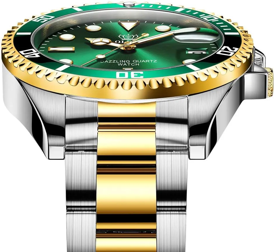 Waterproof Luminous Mens Wrist Watch Analog Two Tone Stainless Steel Men Watch OLEVS Watches for Men Classic with Date Business Dress Luxury Big brim fanwise institution demolish wasp anxious Face Green/Black/Blue 