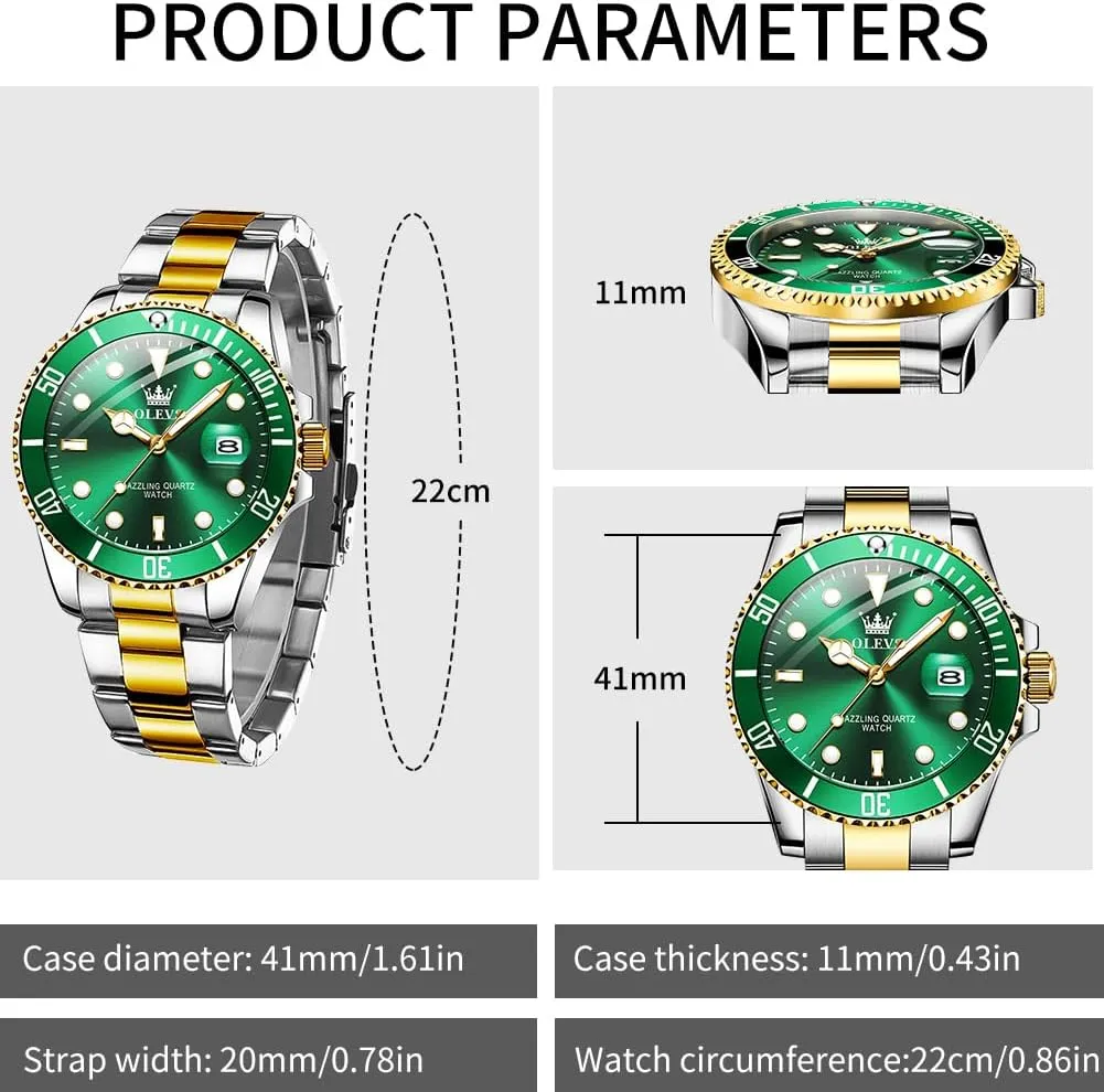 Waterproof Luminous Mens Wrist Watch Analog Two Tone Stainless Steel Men Watch OLEVS Watches for Men Classic with Date Business Dress Luxury Big brim fanwise institution demolish wasp anxious Face Green/Black/Blue 