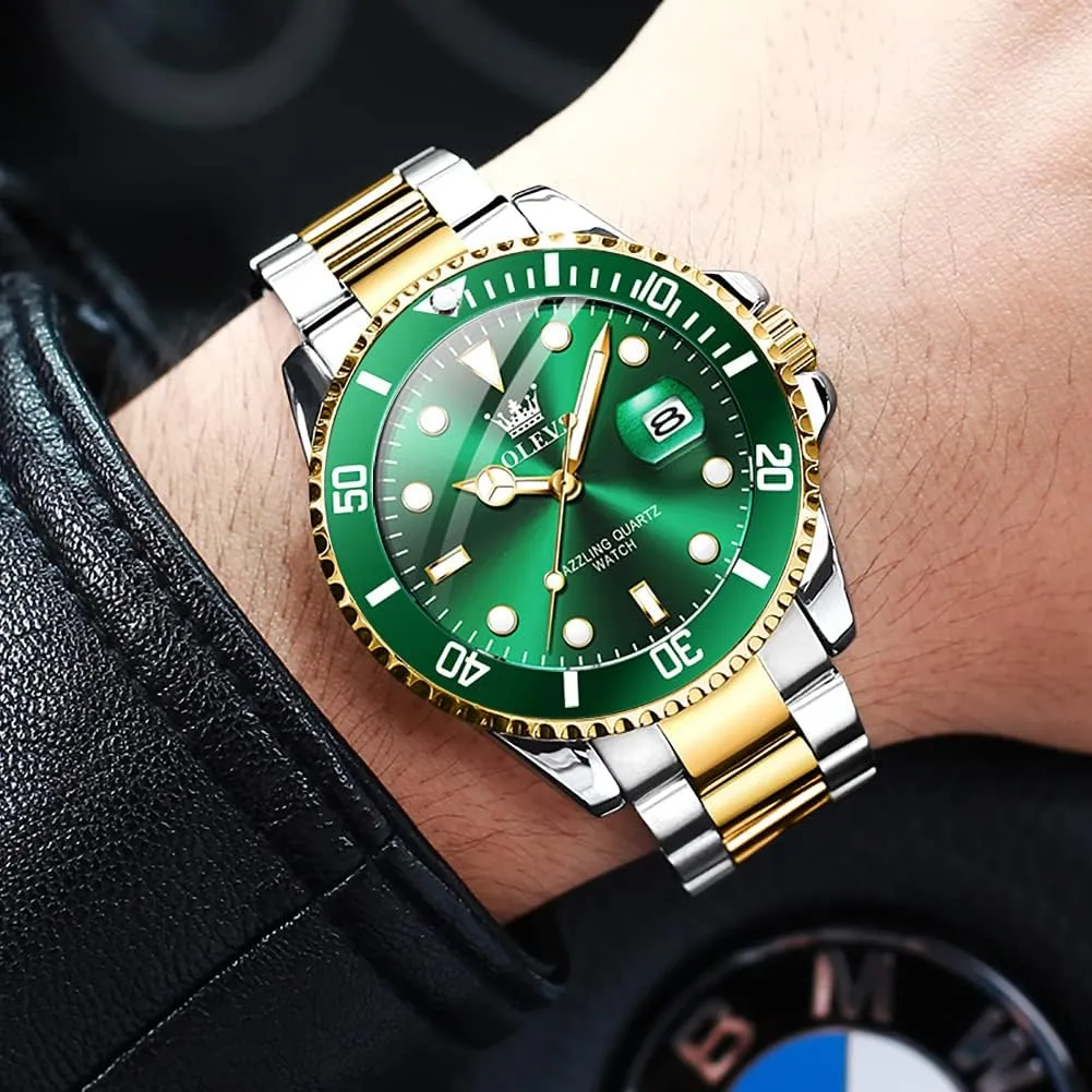Waterproof Luminous Mens Wrist Watch Analog Two Tone Stainless Steel Men Watch OLEVS Watches for Men Classic with Date Business Dress Luxury Big brim fanwise institution demolish wasp anxious Face Green/Black/Blue 