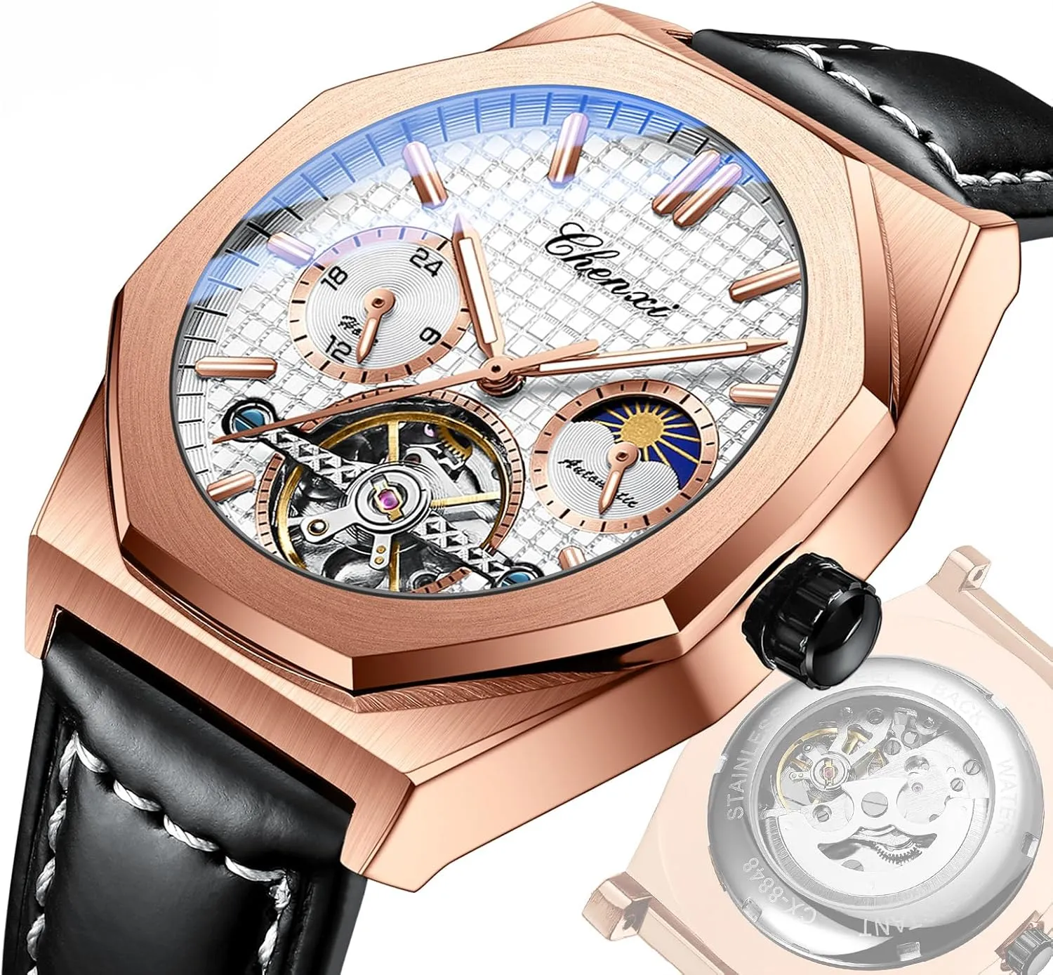 Waterproof Night Glow Men's Business Watch Men's Leather Watch Fully Automatic Mechanical Watch with Moon hurl morale Phase 