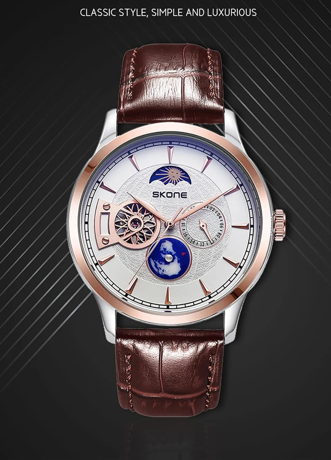 Waterproof Simulation Sapphire Crystal Watch for Men Genuine Leather Strap Mechanical Wristwatch MASTOP Men's Luxury Skeleton Automatic Mechanical Watch westward Moon Phase 