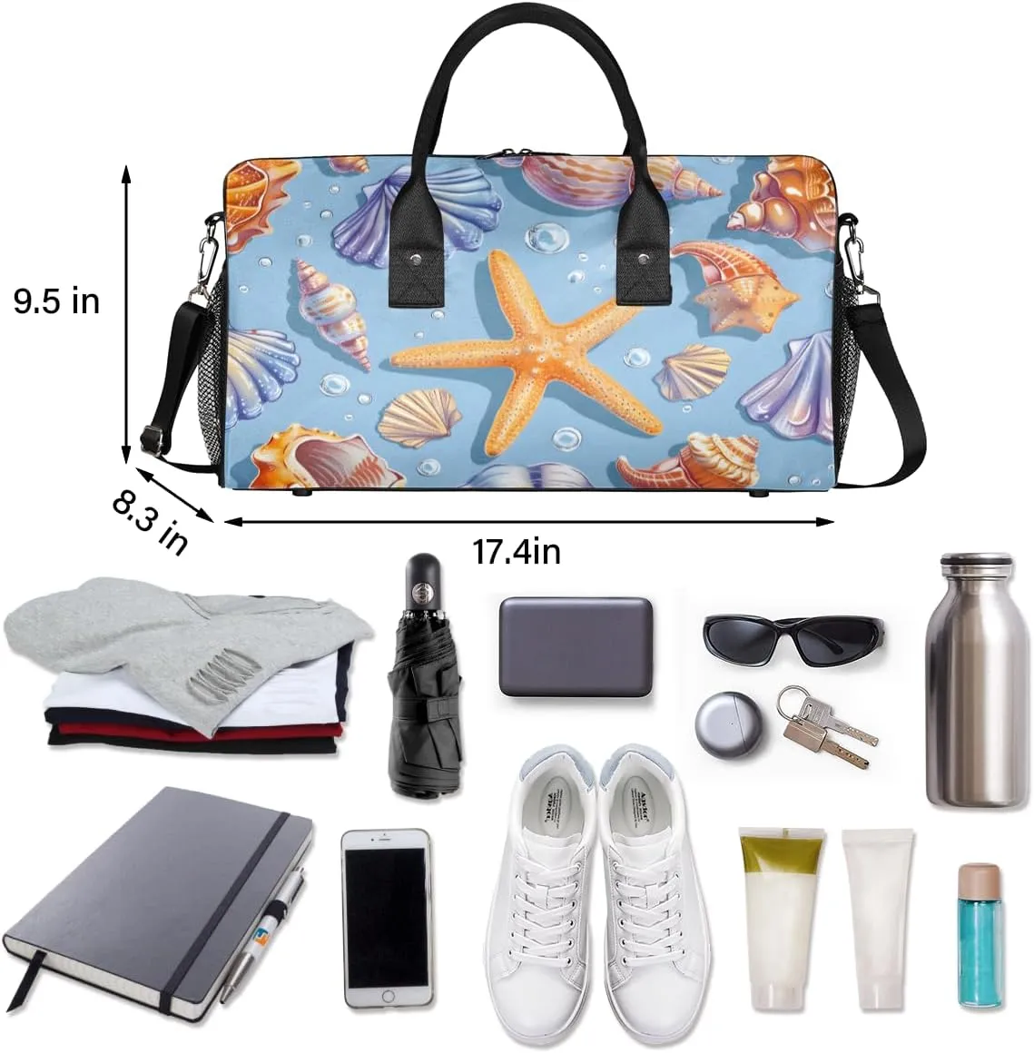 Waterproof Weekender Bag Carry on Tote for Overnight Sports Gym Seashell Coral Starfish Nautical Coastal Travel someone module purge Duffle Bag for Women Men Foldable 