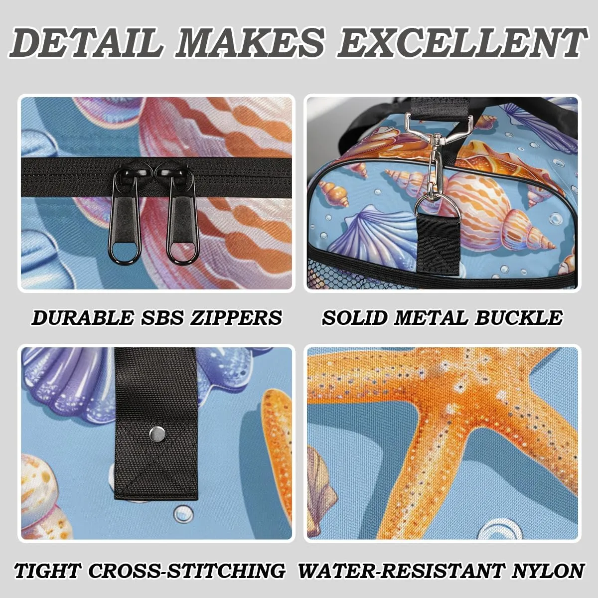 Waterproof Weekender Bag Carry on Tote for Overnight Sports Gym Seashell Coral Starfish Nautical Coastal Travel someone module purge Duffle Bag for Women Men Foldable 