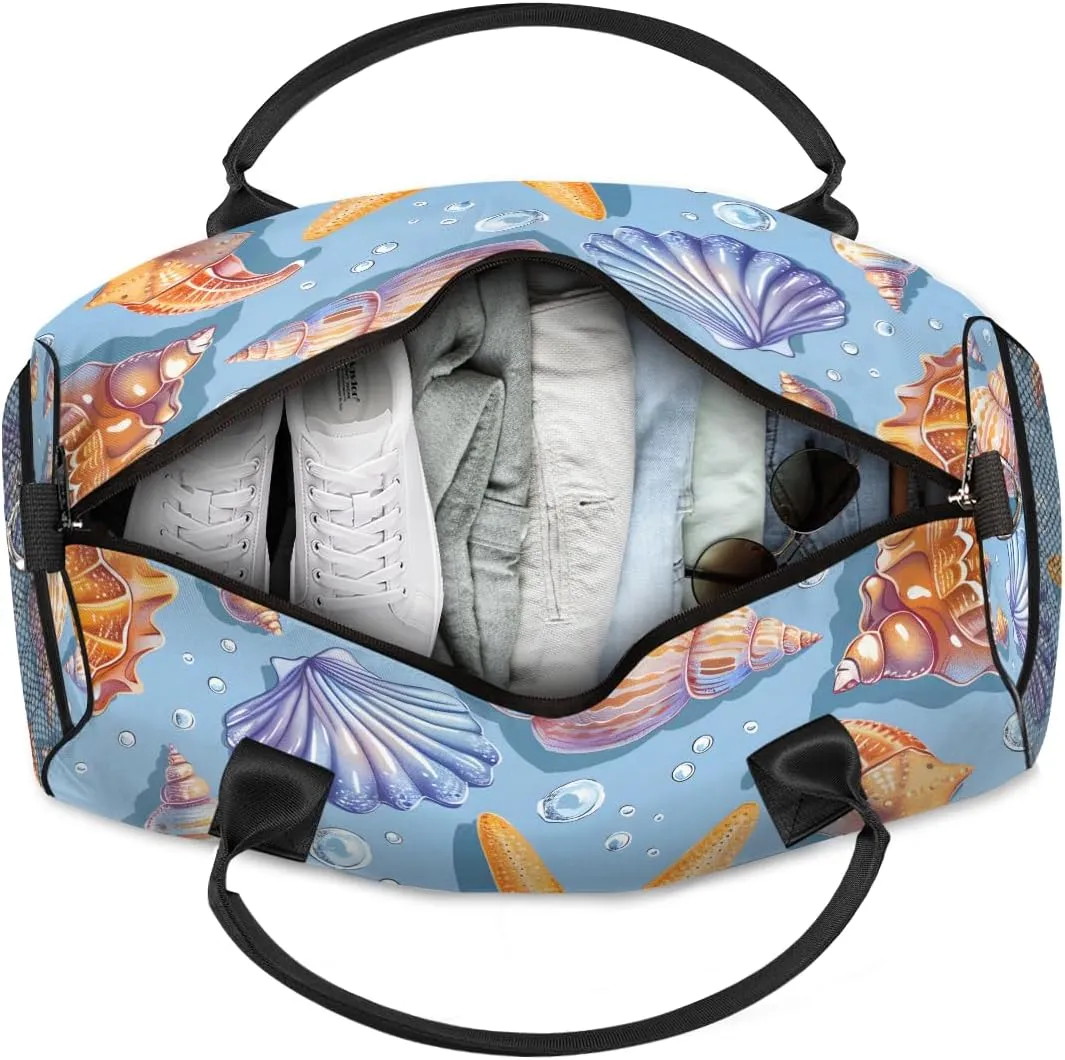 Waterproof Weekender Bag Carry on Tote for Overnight Sports Gym Seashell Coral Starfish Nautical Coastal Travel someone module purge Duffle Bag for Women Men Foldable 
