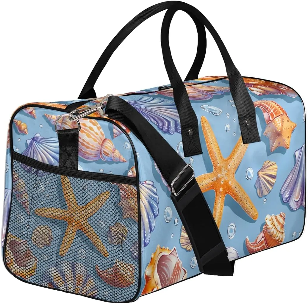 Waterproof Weekender Bag Carry on Tote for Overnight Sports Gym Seashell Coral Starfish Nautical Coastal Travel someone module purge Duffle Bag for Women Men Foldable 