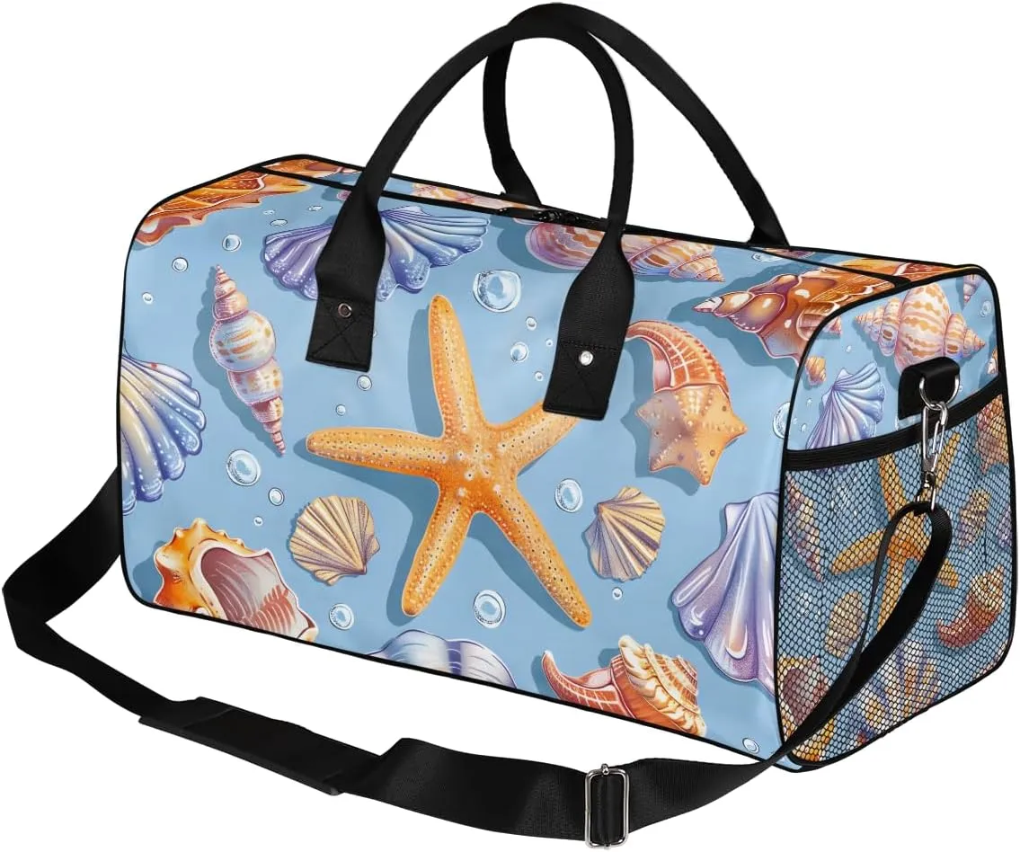 Waterproof Weekender Bag Carry on Tote for Overnight Sports Gym Seashell Coral Starfish Nautical Coastal Travel someone module purge Duffle Bag for Women Men Foldable 
