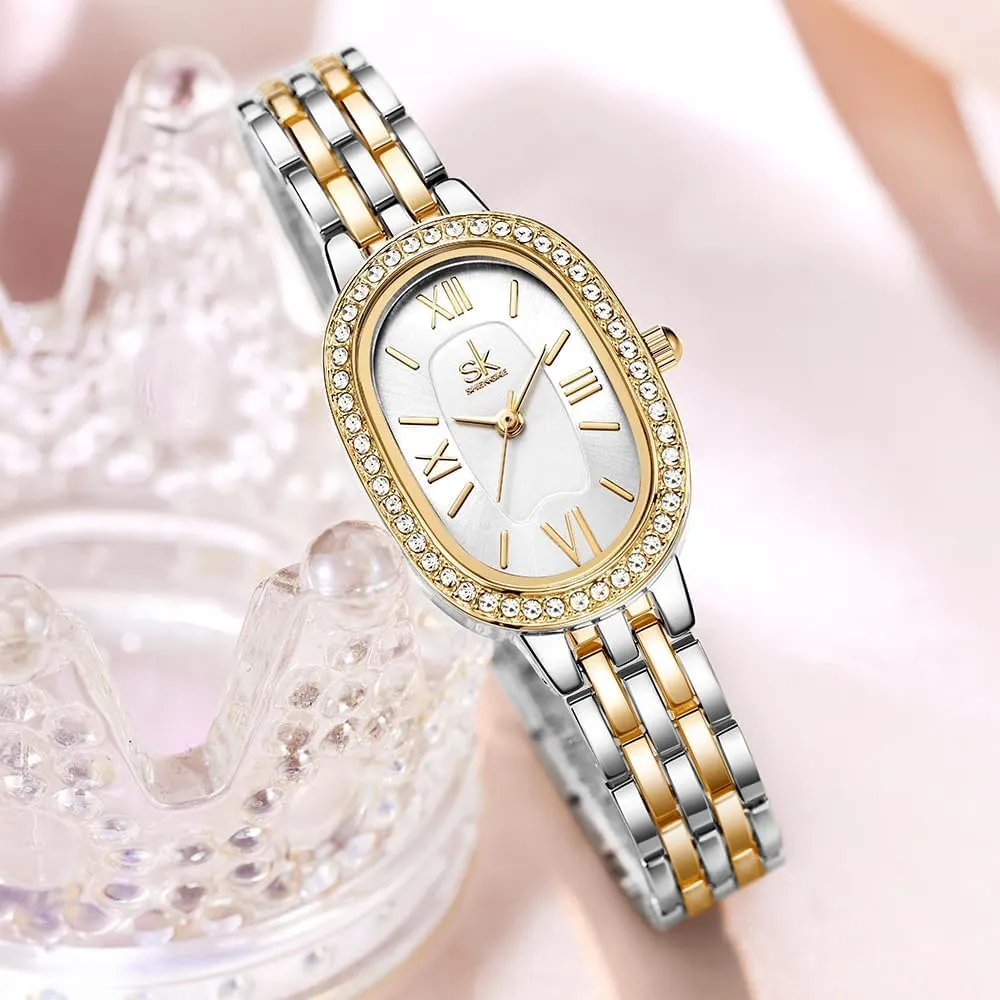 Waterproof Wristwatch MASTOP Women��s Watches Oval-Shaped Crystal-Accented Solid Alloy Steel Silver Bracelet Watch Luxury angular spectacle coerce Vintage Diamond 