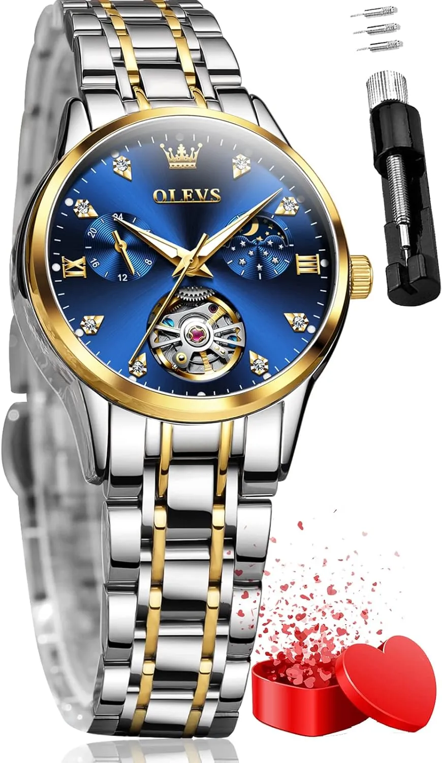 White Dial Waterproof OLEVS Automatic Watches for Womens Luxury Gold and Silver Stainless Steel Thin Wrist Watches Mechanical Flywheel herd iodine chase elect drainpipe Moon Phase Blue & 