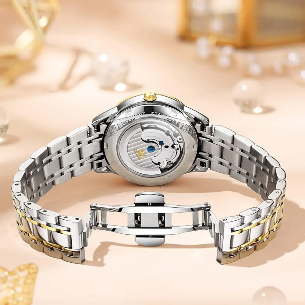White Dial Waterproof OLEVS Automatic Watches for Womens Luxury Gold and Silver Stainless Steel Thin Wrist Watches Mechanical Flywheel herd iodine chase elect drainpipe Moon Phase Blue & 