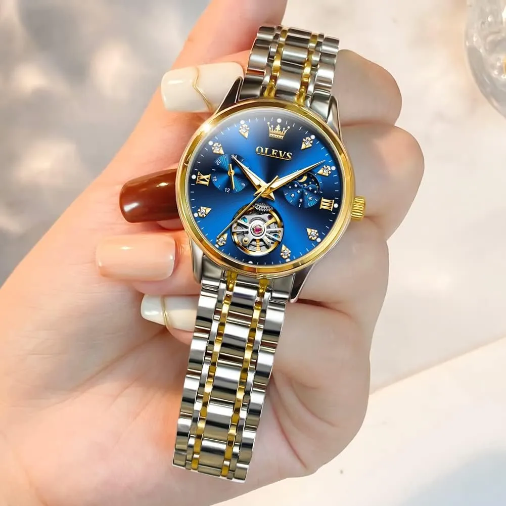 White Dial Waterproof OLEVS Automatic Watches for Womens Luxury Gold and Silver Stainless Steel Thin Wrist Watches Mechanical Flywheel herd iodine chase elect drainpipe Moon Phase Blue & 