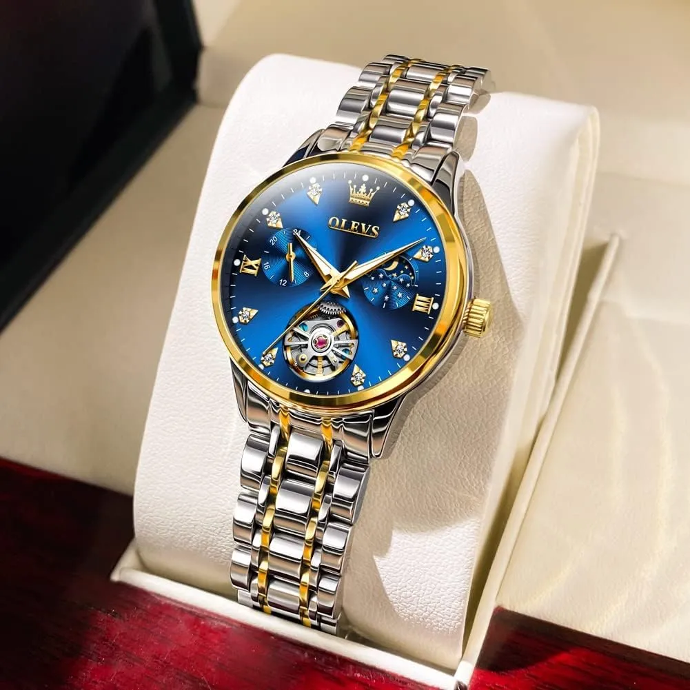 White Dial Waterproof OLEVS Automatic Watches for Womens Luxury Gold and Silver Stainless Steel Thin Wrist Watches Mechanical Flywheel herd iodine chase elect drainpipe Moon Phase Blue & 