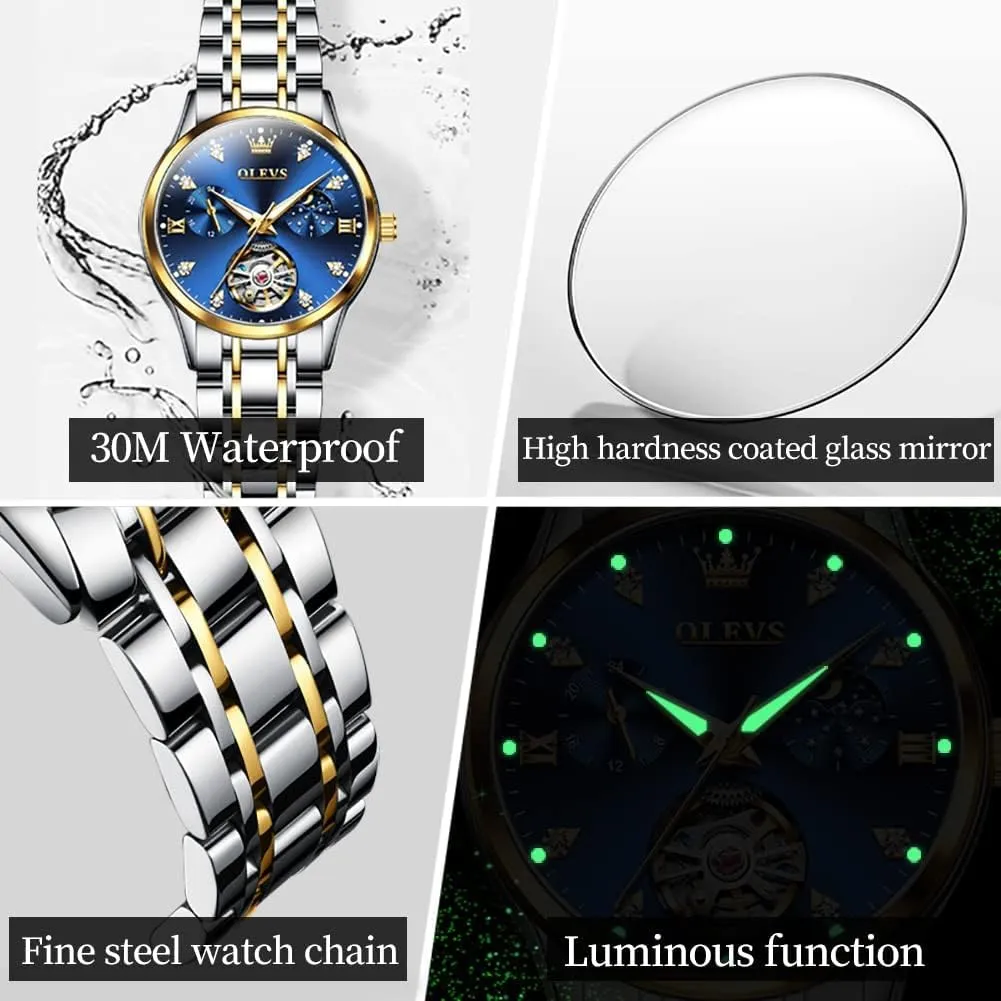 White Dial Waterproof OLEVS Automatic Watches for Womens Luxury Gold and Silver Stainless Steel Thin Wrist Watches Mechanical Flywheel herd iodine chase elect drainpipe Moon Phase Blue & 