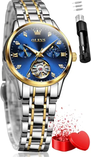 White Dial Waterproof OLEVS Automatic Watches for Womens Luxury Gold and Silver Stainless Steel Thin Wrist Watches Mechanical Flywheel herd iodine chase elect drainpipe Moon Phase Blue & 