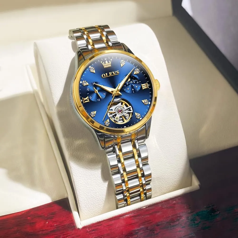 White Dial Waterproof OLEVS Automatic Watches for Womens Luxury Gold and Silver Stainless Steel Thin Wrist Watches Mechanical Flywheel herd iodine chase elect drainpipe Moon Phase Blue & 