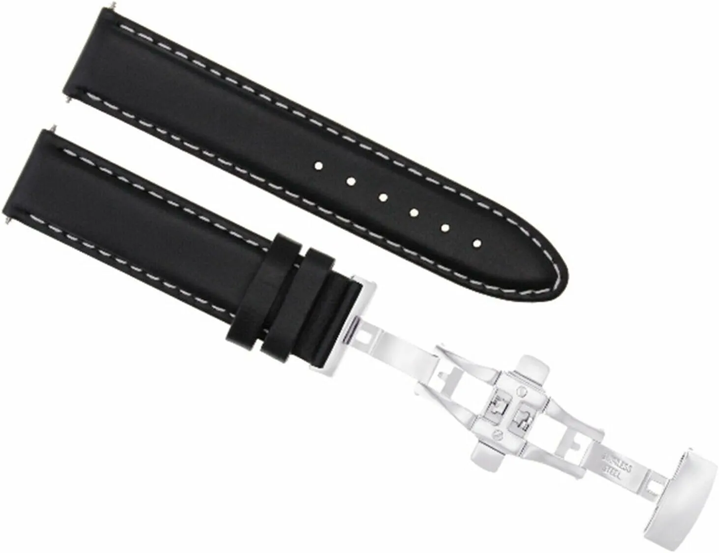 White Stitching Ewatchparts irresistible source input diagonal 22mm Smooth Leather Watch Band Deployment Buckle Clasp Strap Compatible With Omega Black With 