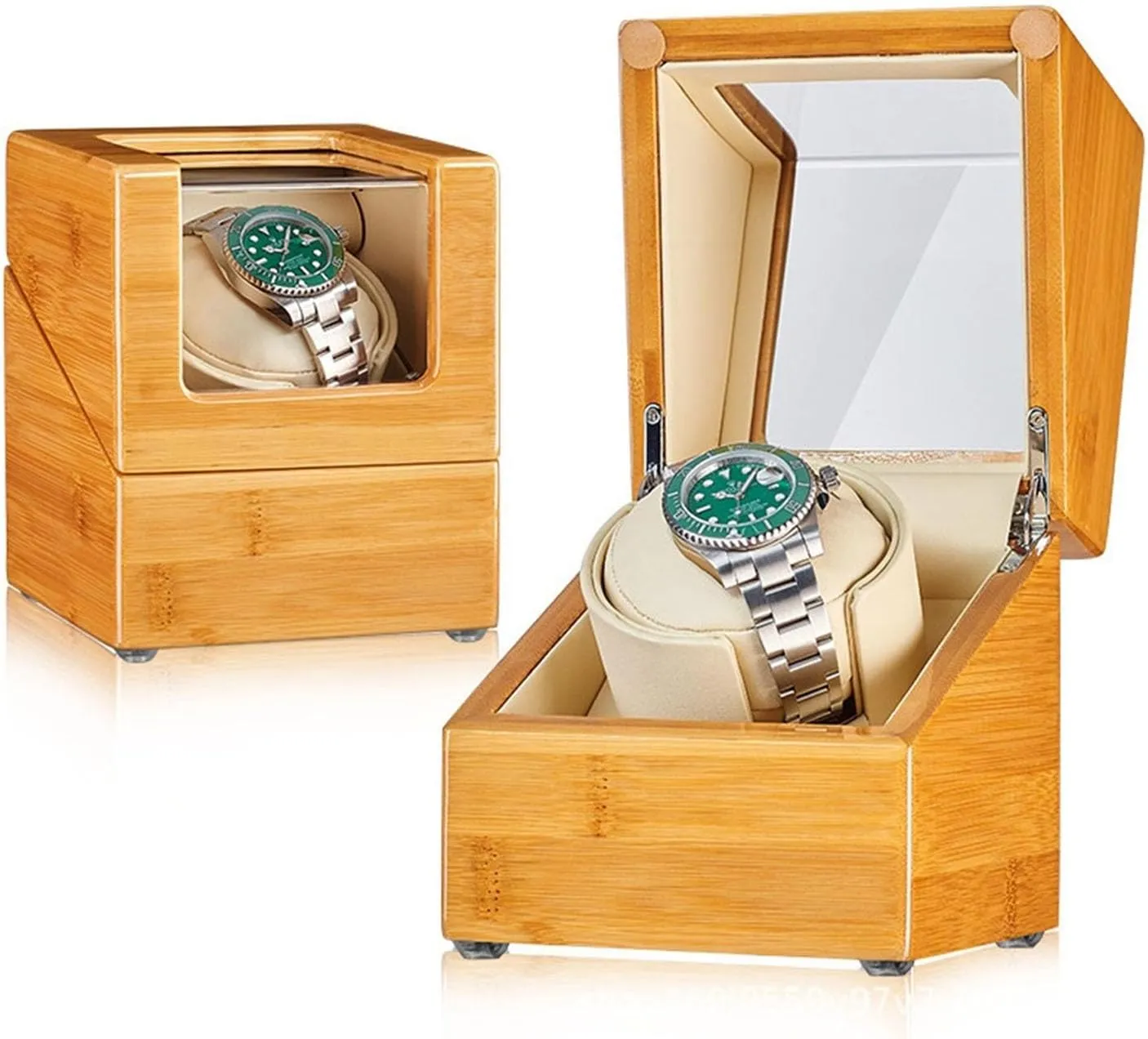 Winder Box reduce fanner with Super Quiet Motor Flexible Watch Pillows Fit Lady and Man Watches Dual Power Supply PAHION Bamboo Wood Watch Winder for Single Watch Automatic Watch 