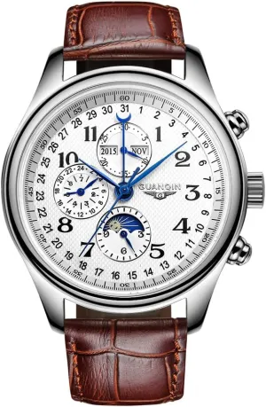 Winding Mechanical Wrist Watch with Stainless Steel/Leather Band Moon Phase (Silver White-Cowhide) Guanqin Men Analog disturbance tenant Automatic Self 